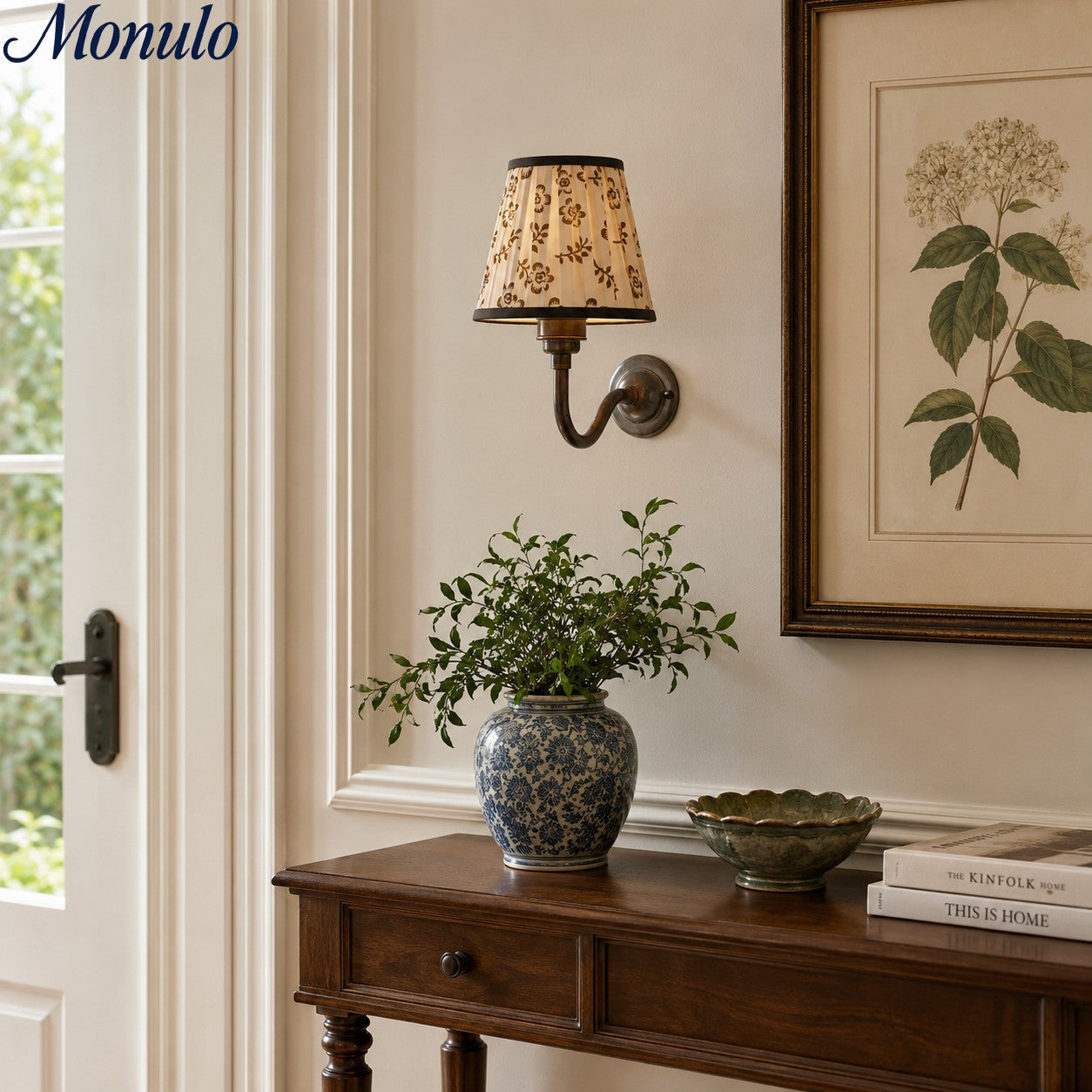 Solmire Fabric Wall Sconce - Vintage Linen Cotton Shade with Curved Metal Arm for Bedroom and Hallway