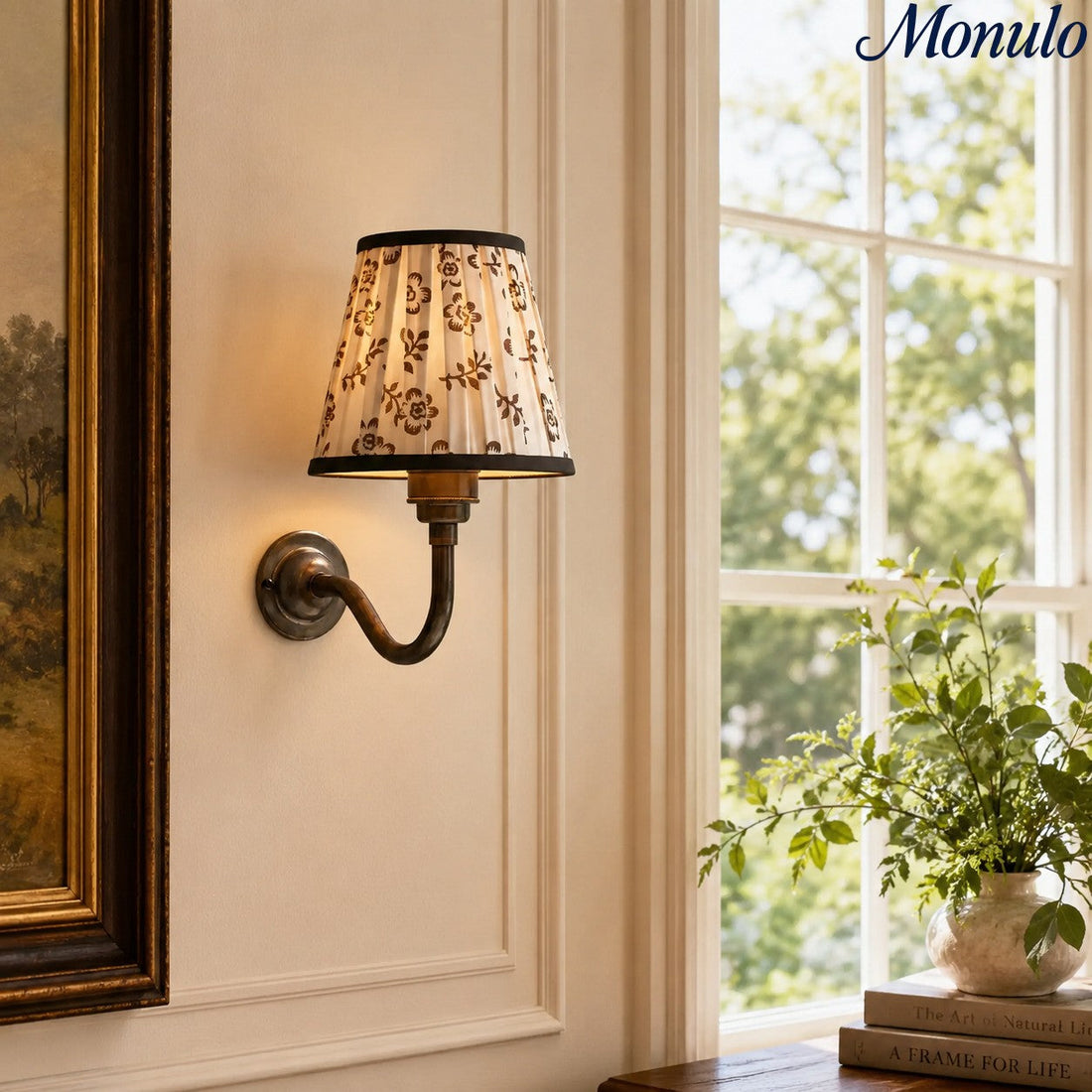 Solmire Fabric Wall Sconce - Vintage Linen Cotton Shade with Curved Metal Arm for Bedroom and Hallway