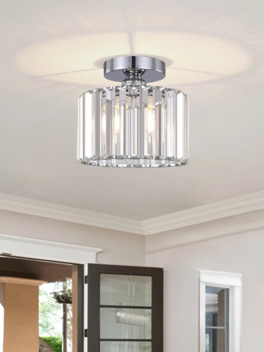 Silver Semi Flush Crystal Ceiling Light - Modern Drum Prismatic Light