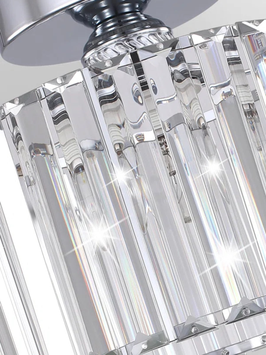 Silver Semi Flush Crystal Ceiling Light - Modern Drum Prismatic Light