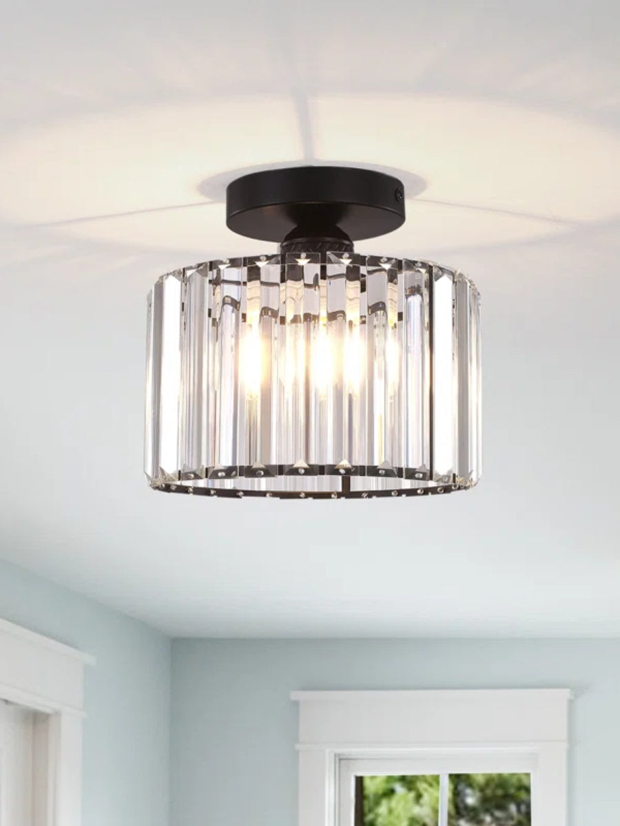 Silver Semi Flush Crystal Ceiling Light - Modern Drum Prismatic Light