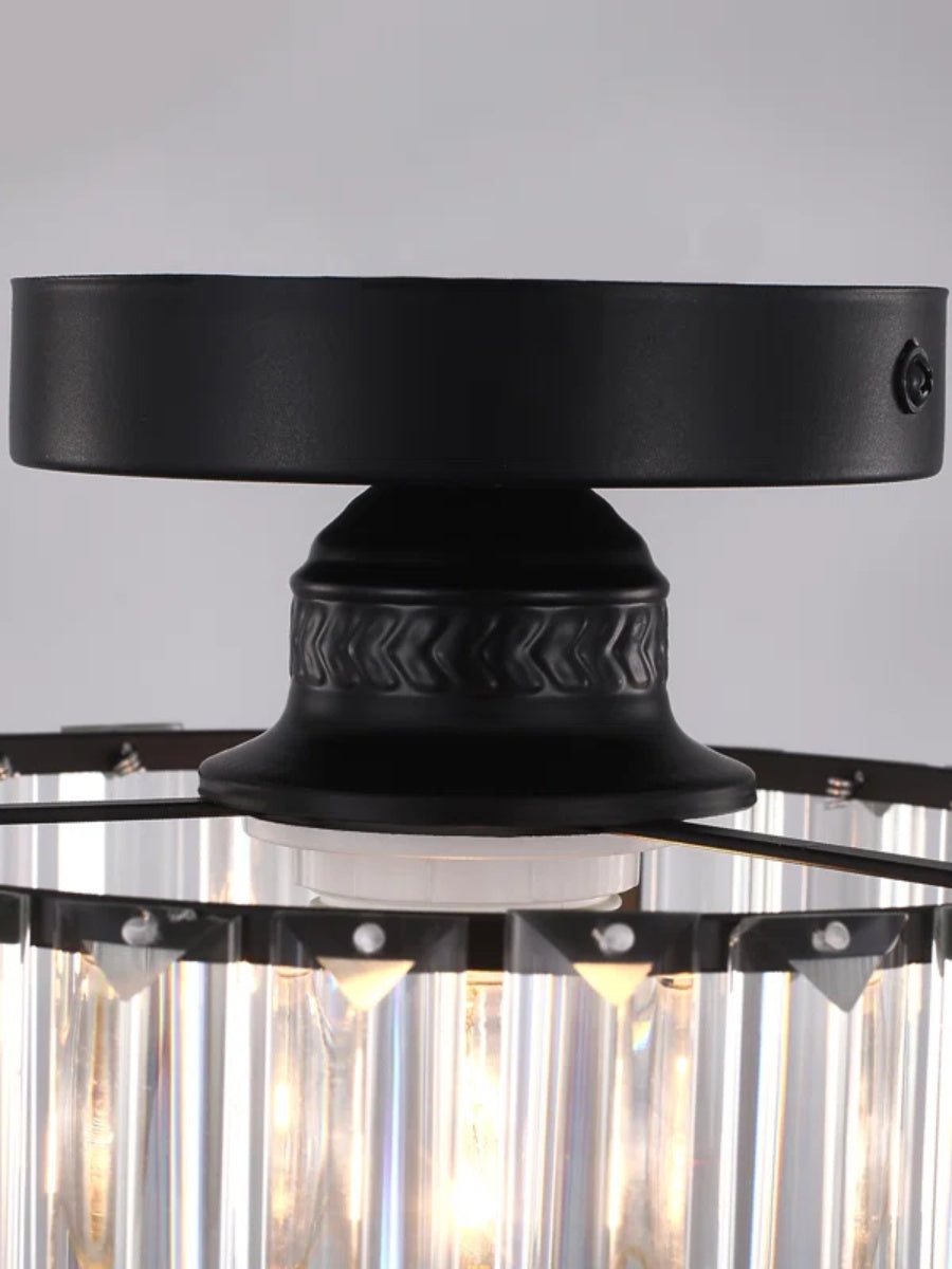 Silver Semi Flush Crystal Ceiling Light - Modern Drum Prismatic Light