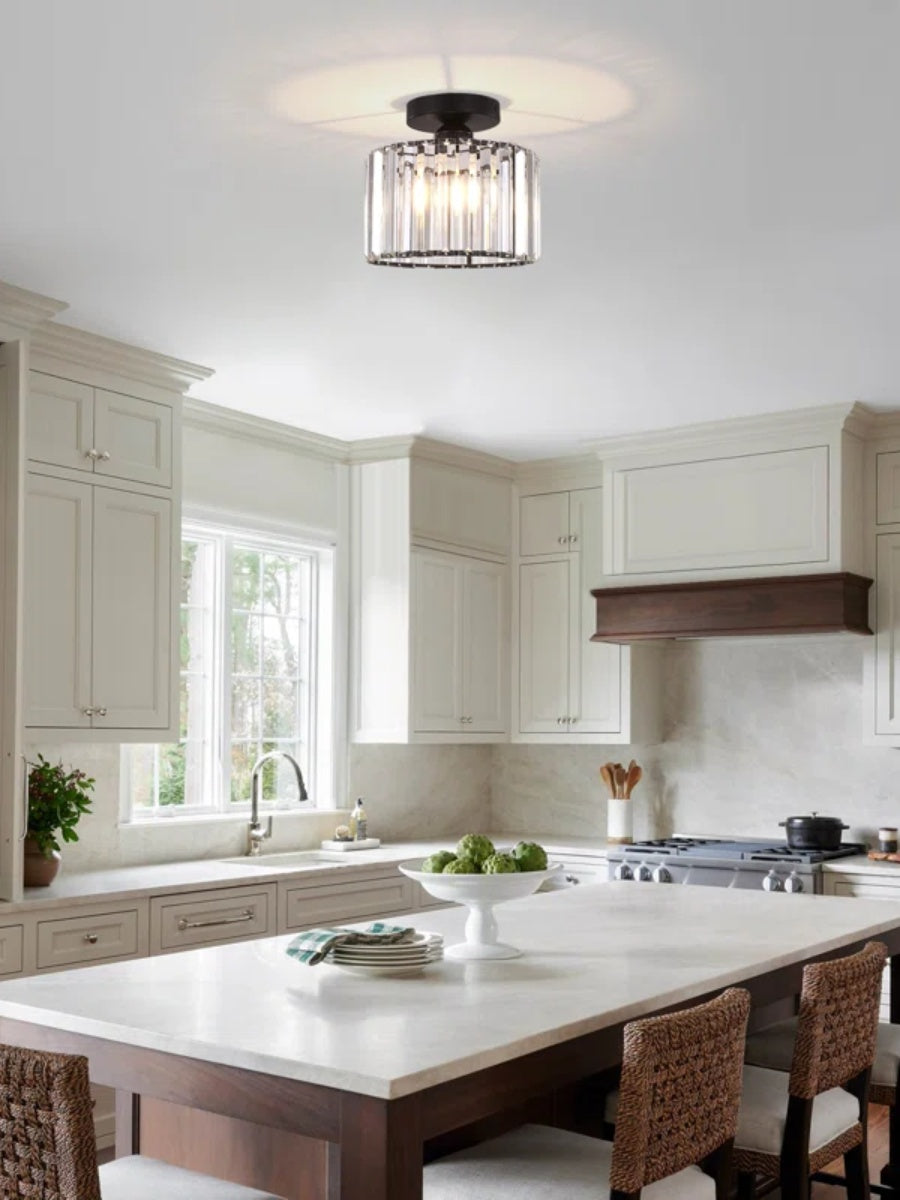 Silver Semi Flush Crystal Ceiling Light - Modern Drum Prismatic Light