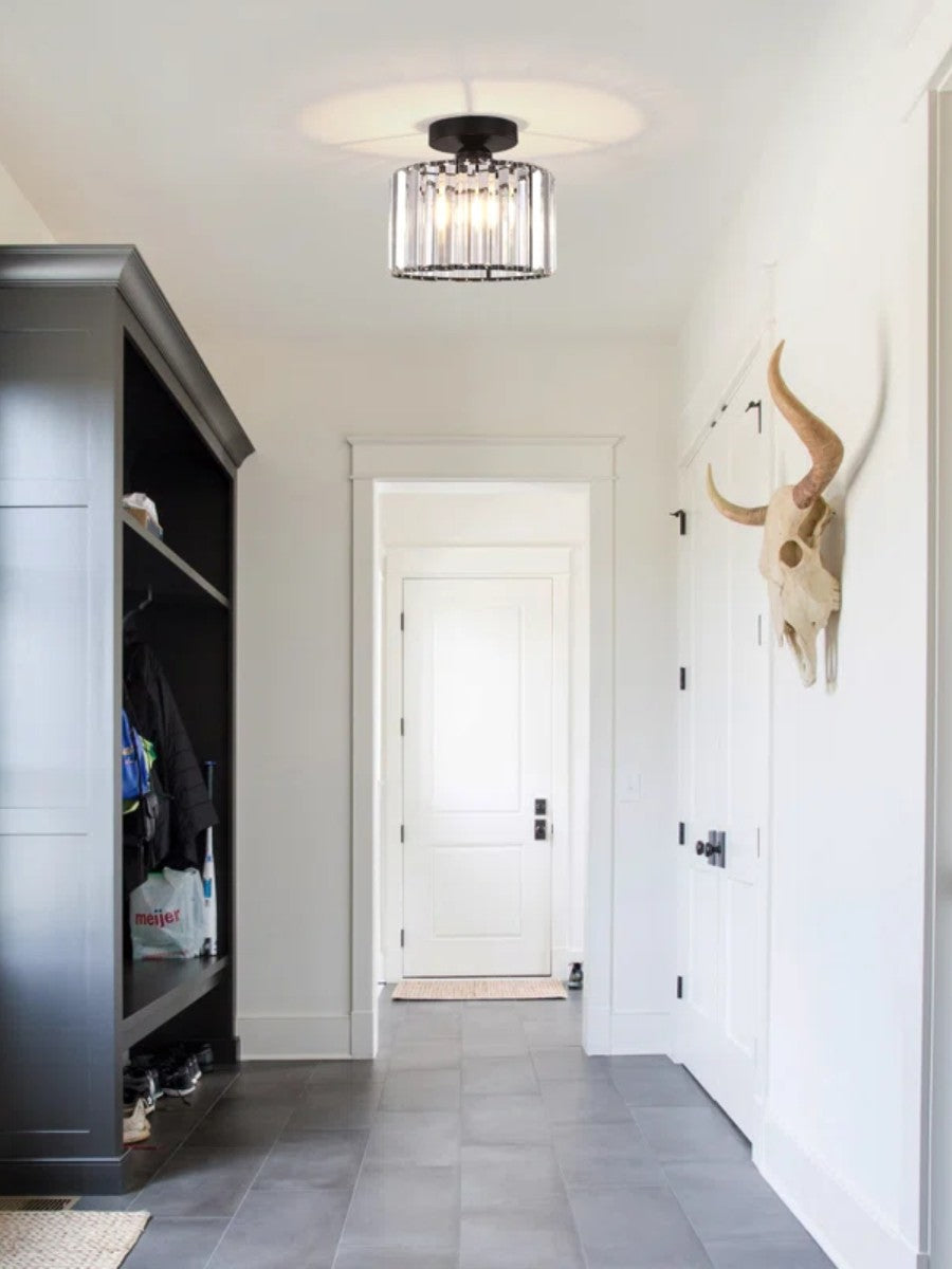 Silver Semi Flush Crystal Ceiling Light - Modern Drum Prismatic Light