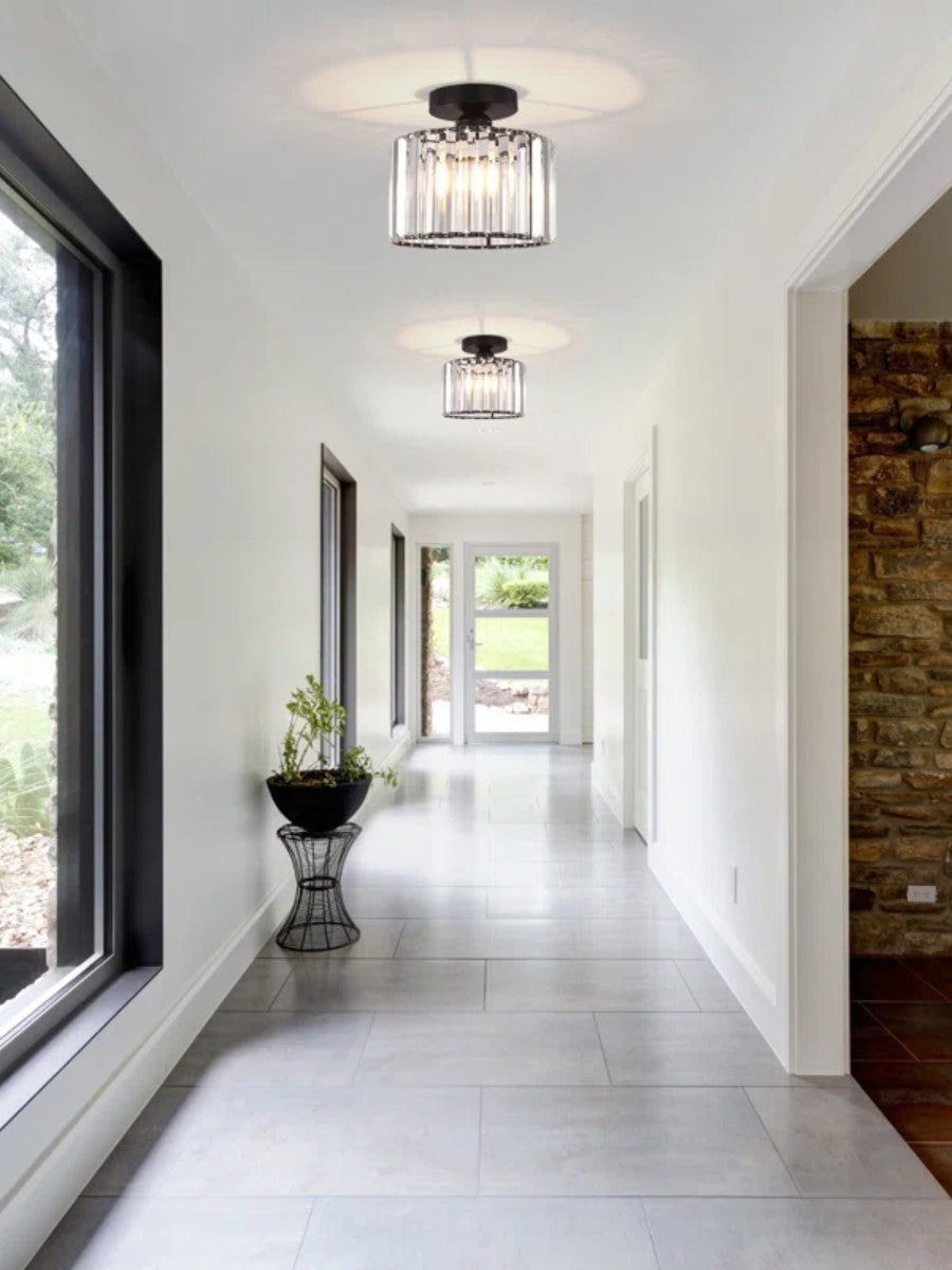 Silver Semi Flush Crystal Ceiling Light - Modern Drum Prismatic Light