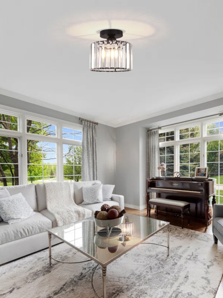 Silver Semi Flush Crystal Ceiling Light - Modern Drum Prismatic Light