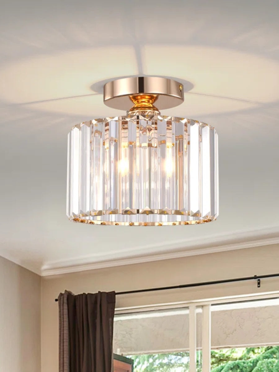 Silver Semi Flush Crystal Ceiling Light - Modern Drum Prismatic Light