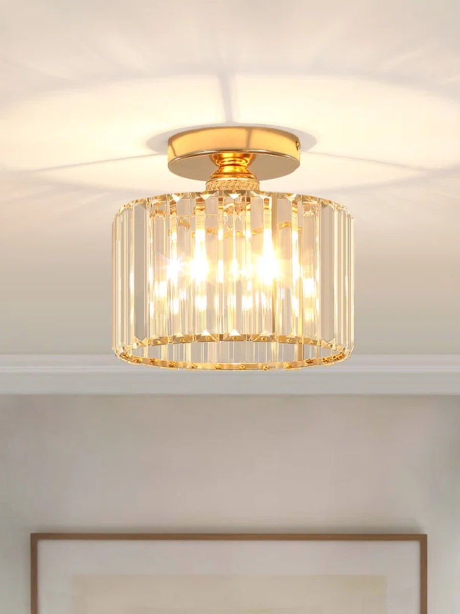 Silver Semi Flush Crystal Ceiling Light - Modern Drum Prismatic Light