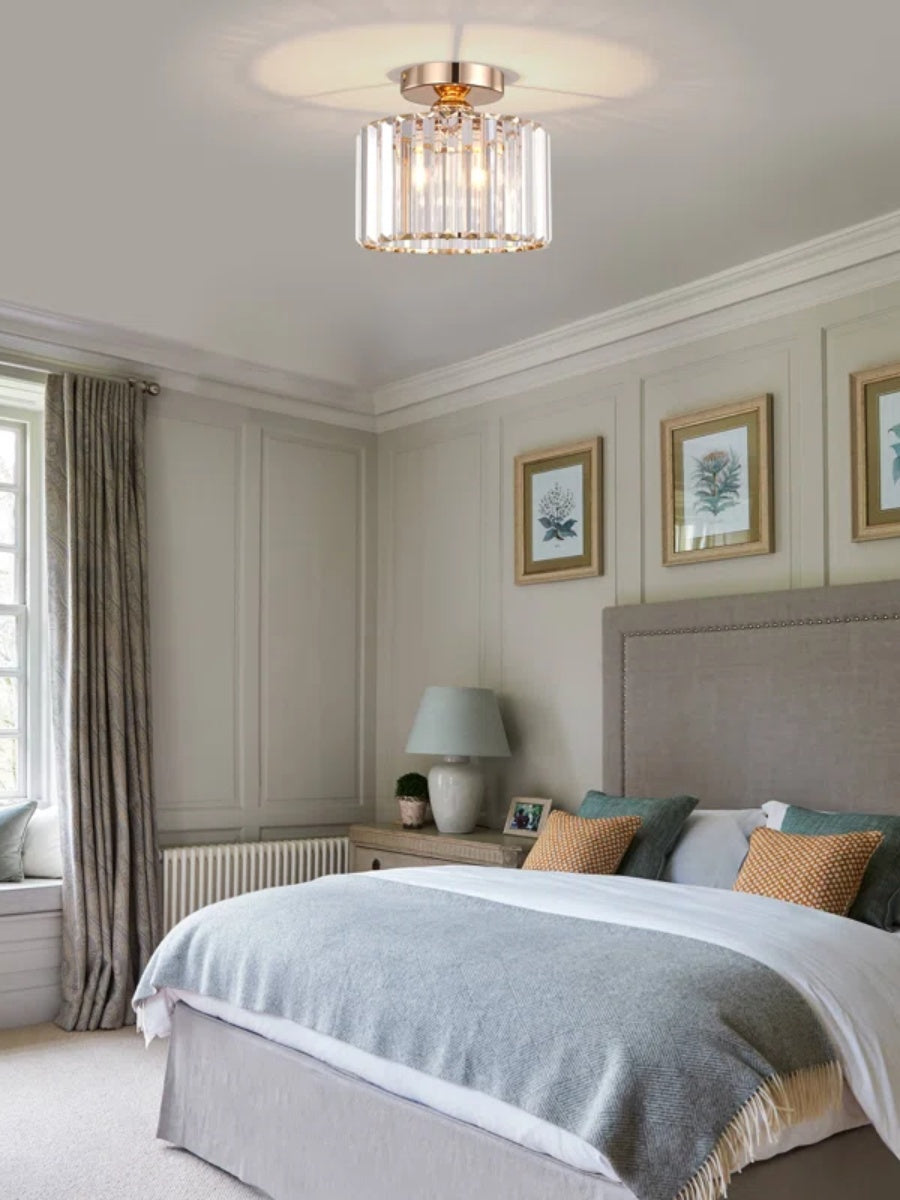 Silver Semi Flush Crystal Ceiling Light - Modern Drum Prismatic Light