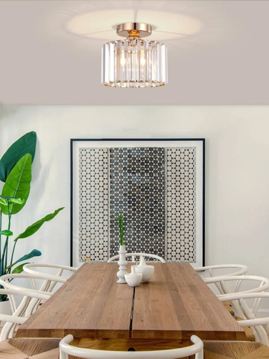 Silver Semi Flush Crystal Ceiling Light - Modern Drum Prismatic Light