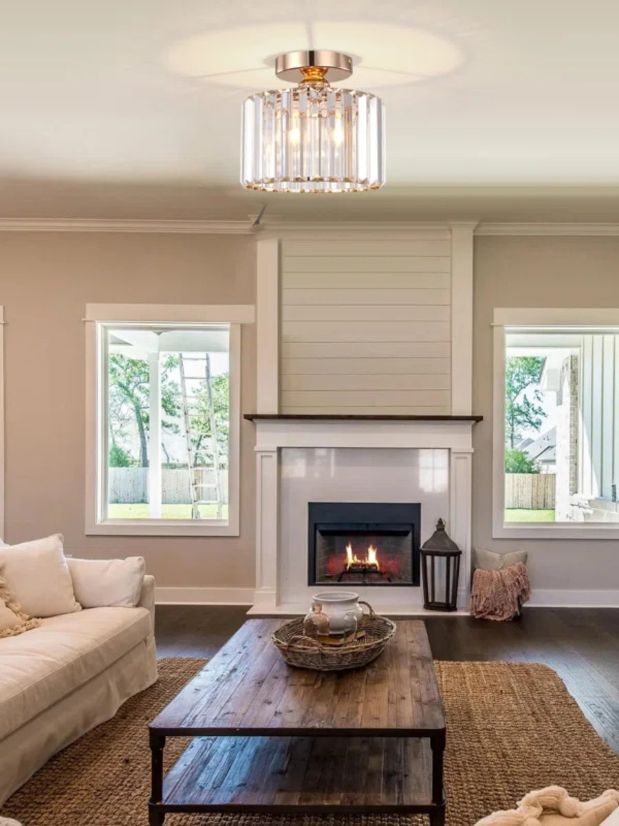 Silver Semi Flush Crystal Ceiling Light - Modern Drum Prismatic Light