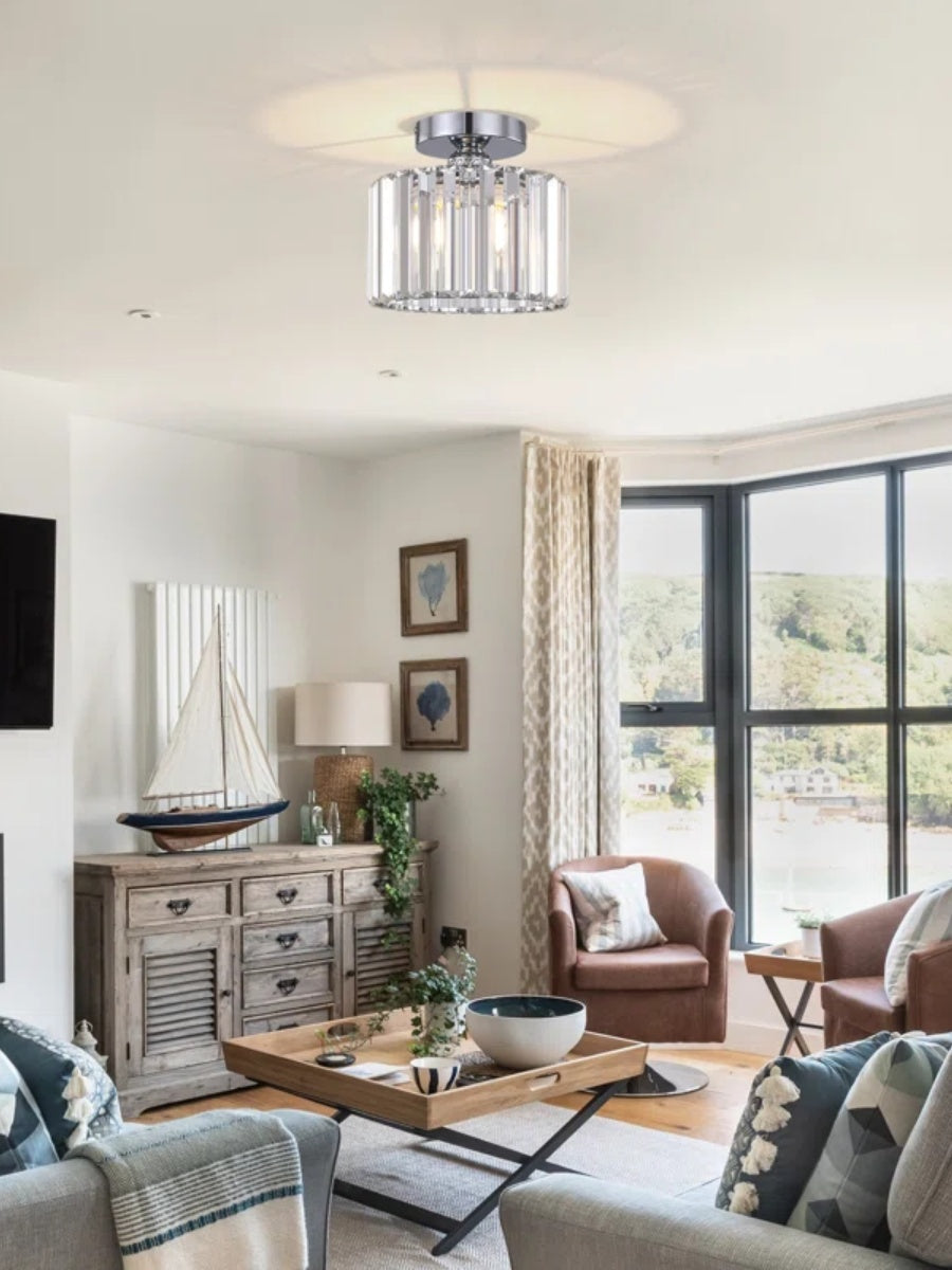 Silver Semi Flush Crystal Ceiling Light - Modern Drum Prismatic Light