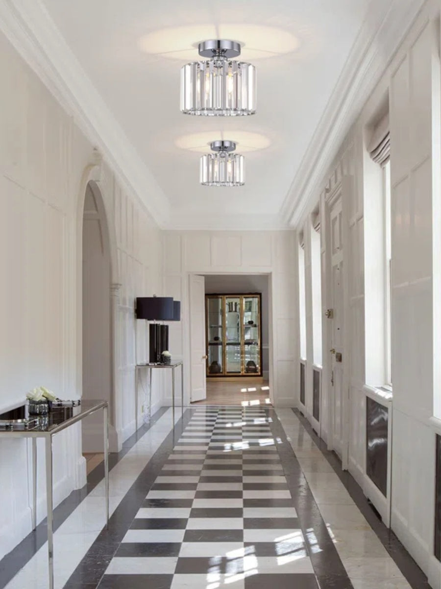 Silver Semi Flush Crystal Ceiling Light - Modern Drum Prismatic Light