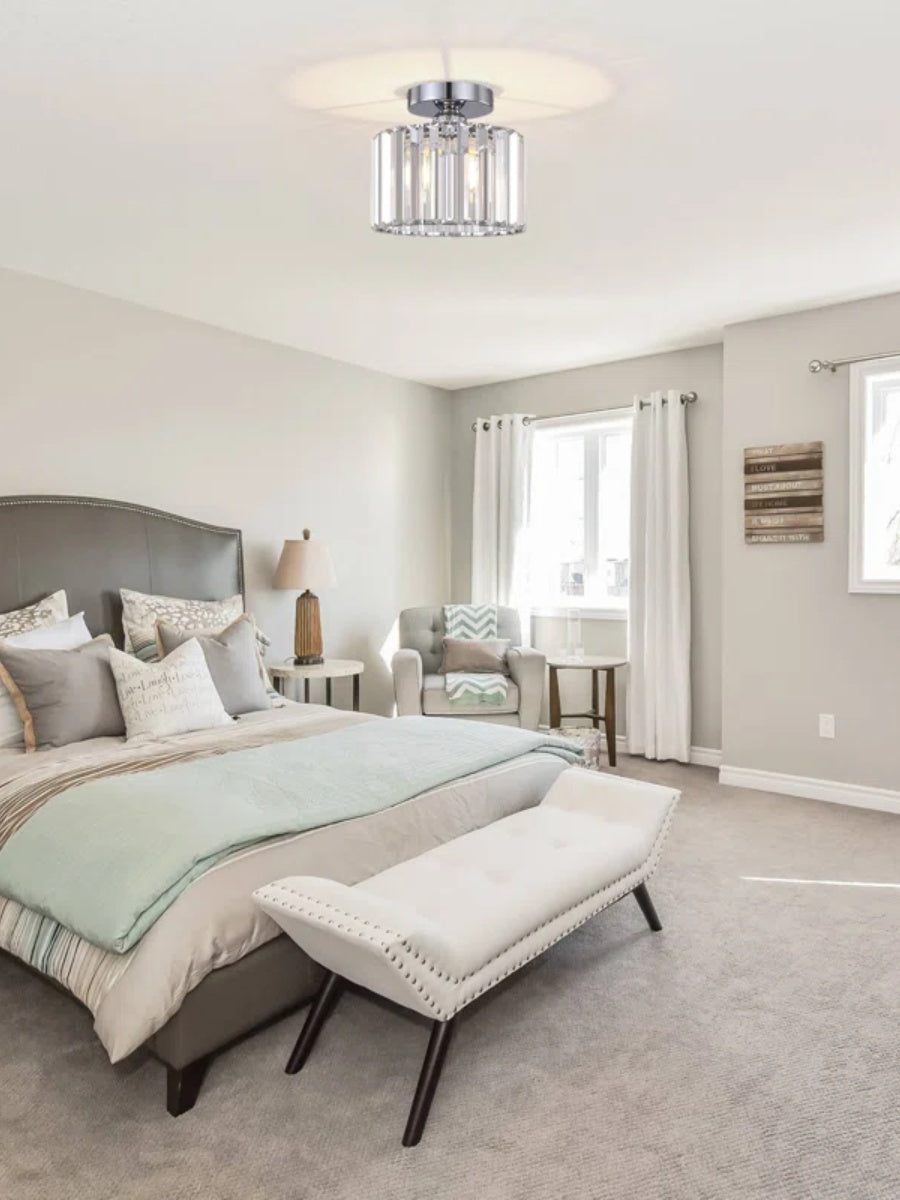 Silver Semi Flush Crystal Ceiling Light - Modern Drum Prismatic Light