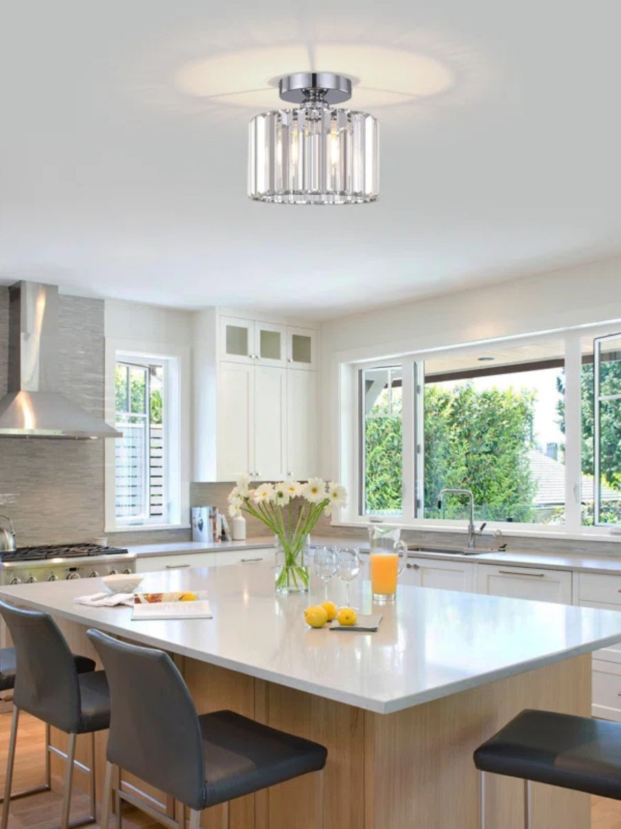 Silver Semi Flush Crystal Ceiling Light - Modern Drum Prismatic Light
