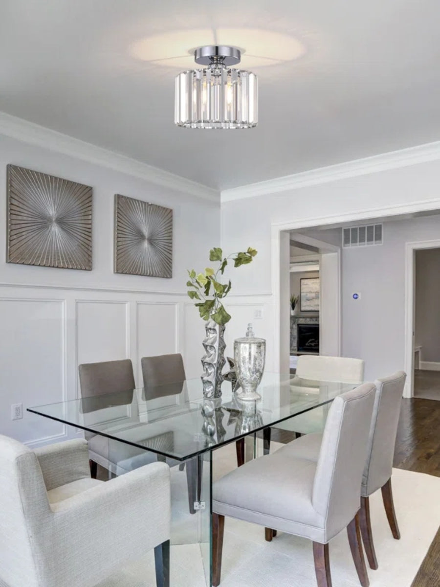 Silver Semi Flush Crystal Ceiling Light - Modern Drum Prismatic Light