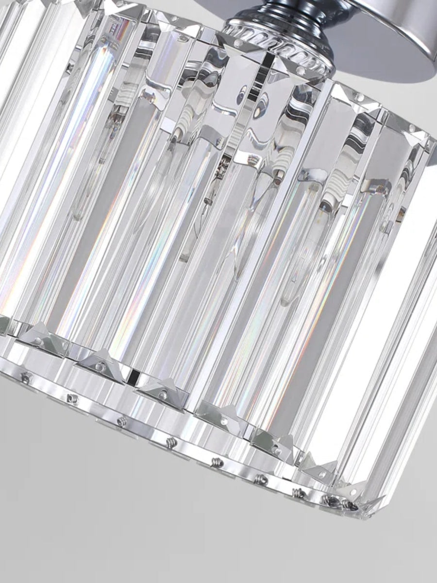 Silver Semi Flush Crystal Ceiling Light - Modern Drum Prismatic Light