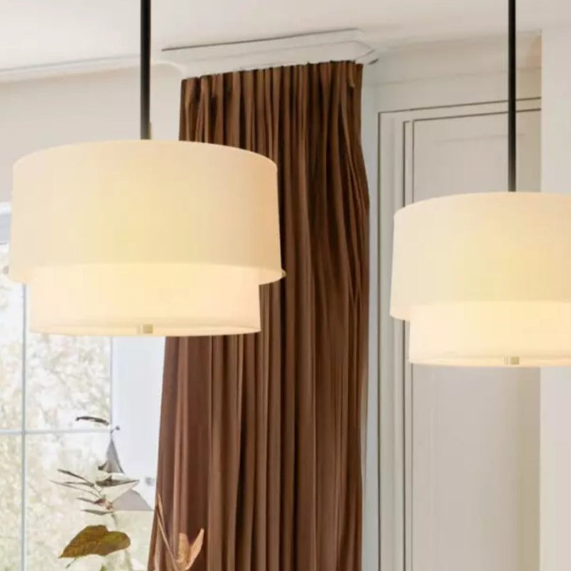 Double Fabric Drum Linen Pendant Lamp – Rustic Light for Dining Room