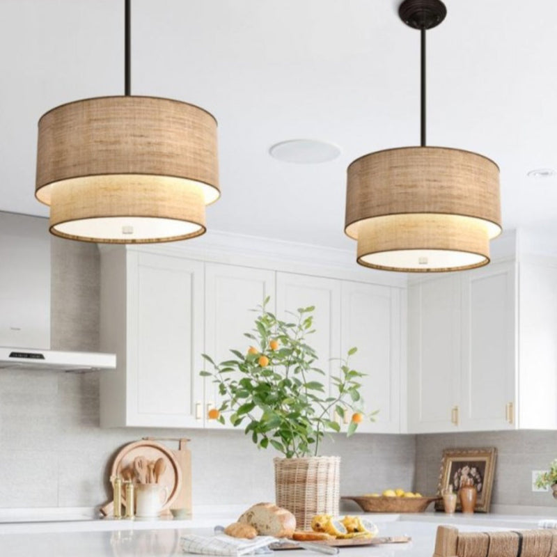 Double Fabric Drum Linen Pendant Lamp – Rustic Light for Dining Room