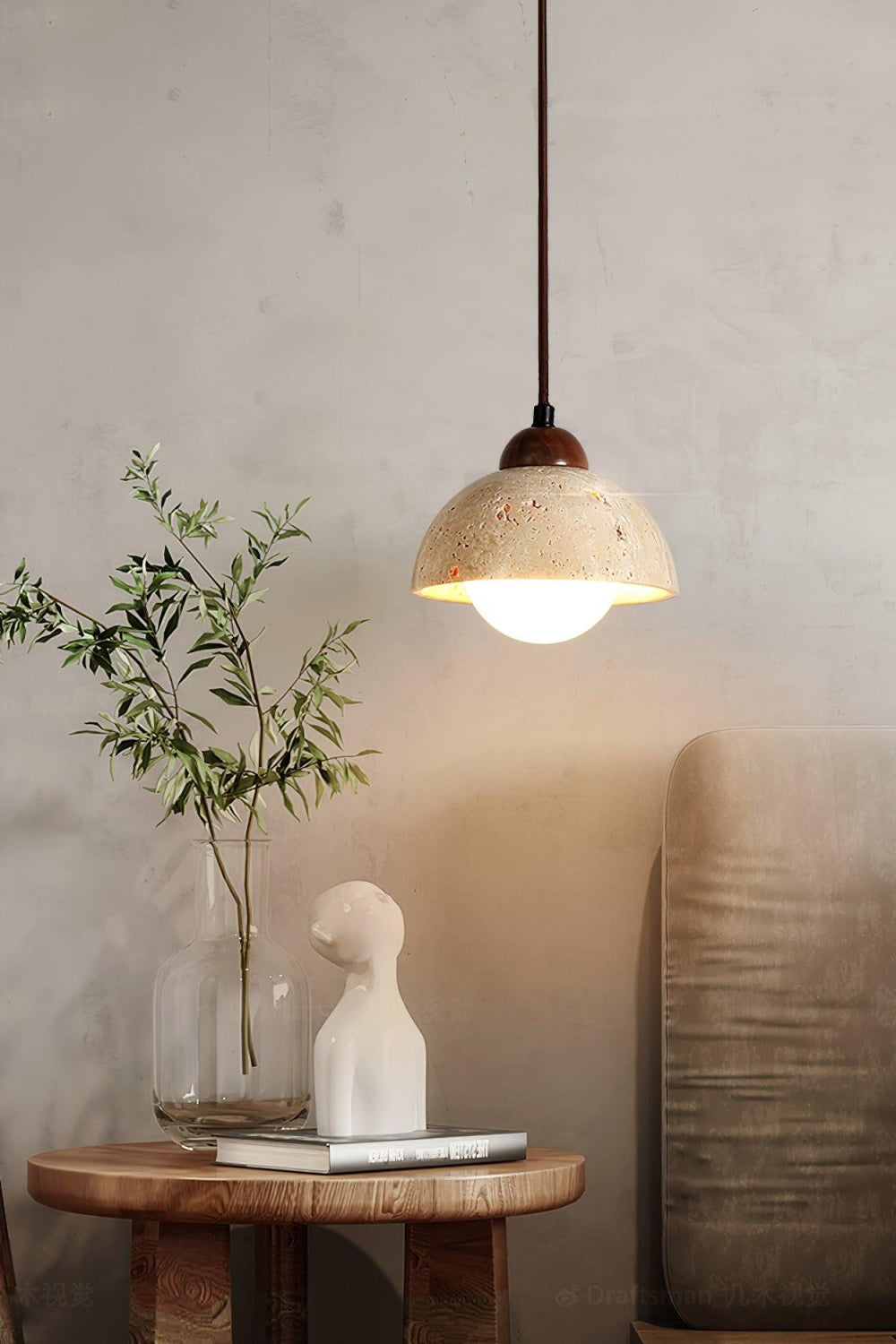 Flower Bud Travertine Wooden Pendant Lamp