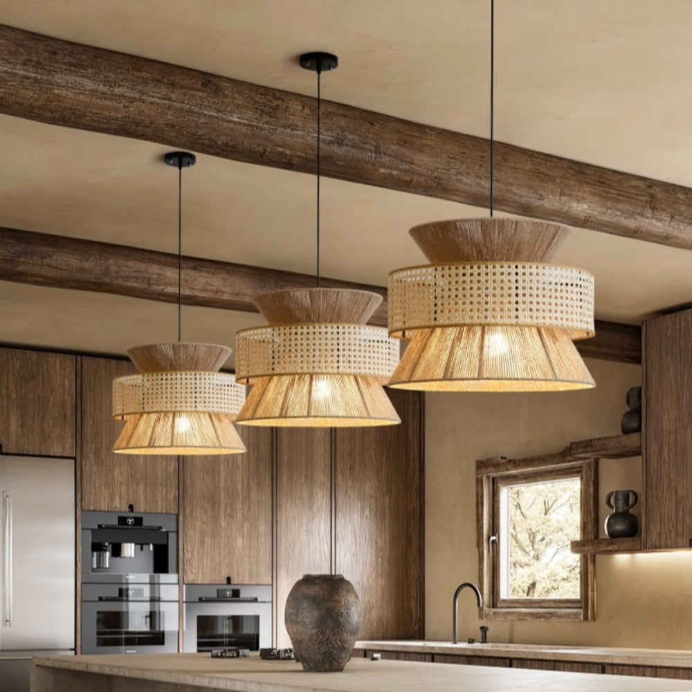 Japanese Wabi-Sabi Pendant Light – Rattan Bamboo Dining Room Lamp