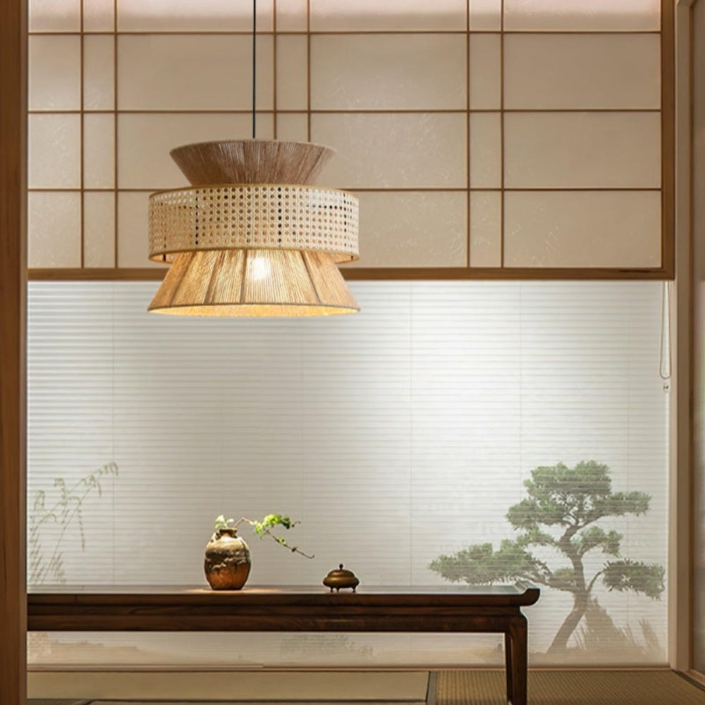 Japanese Wabi-Sabi Pendant Light – Rattan Bamboo Dining Room Lamp