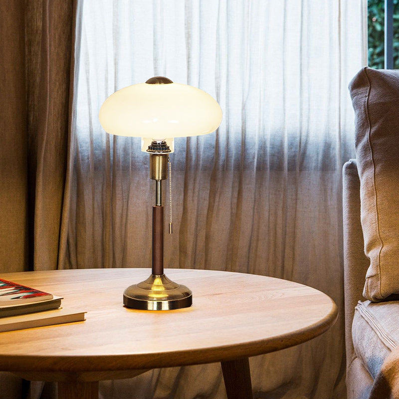 Luxe French Oval Mushroom Opal Glass Brass Table Lamp With Solid Wood For Bedroom 4