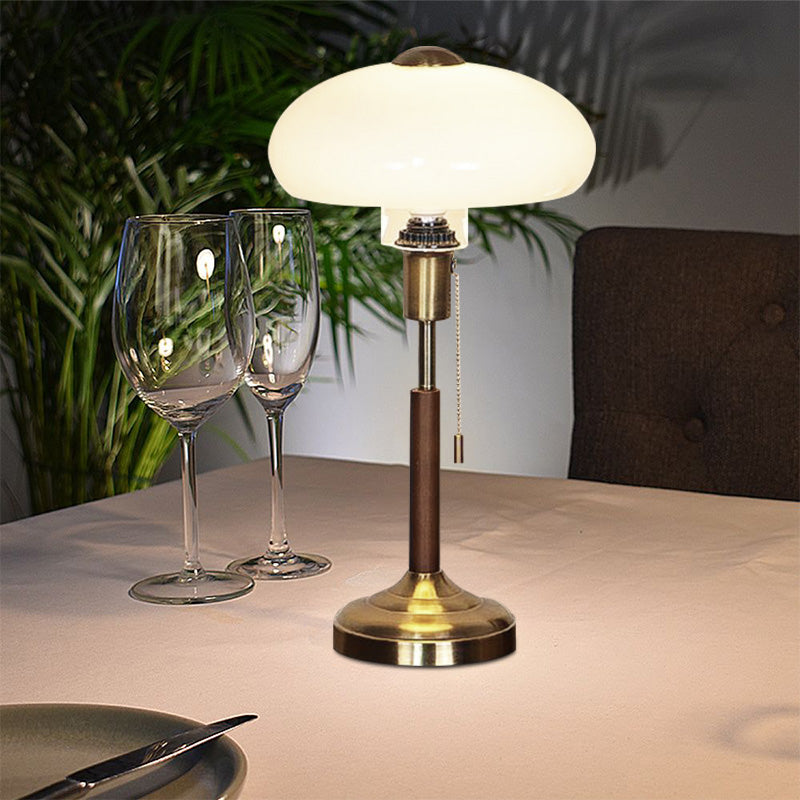 Luxe French Oval Mushroom Opal Glass Brass Table Lamp With Solid Wood For Bedroom 5