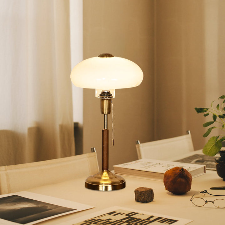 Luxe French Oval Mushroom Opal Glass Brass Table Lamp With Solid Wood For Bedroom 3