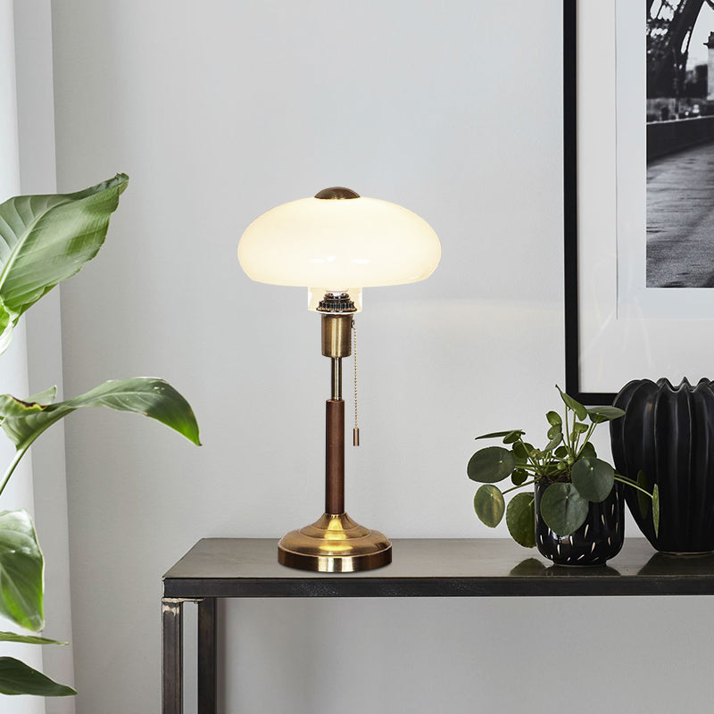 Luxe French Oval Mushroom Opal Glass Brass Table Lamp With Solid Wood For Bedroom 2