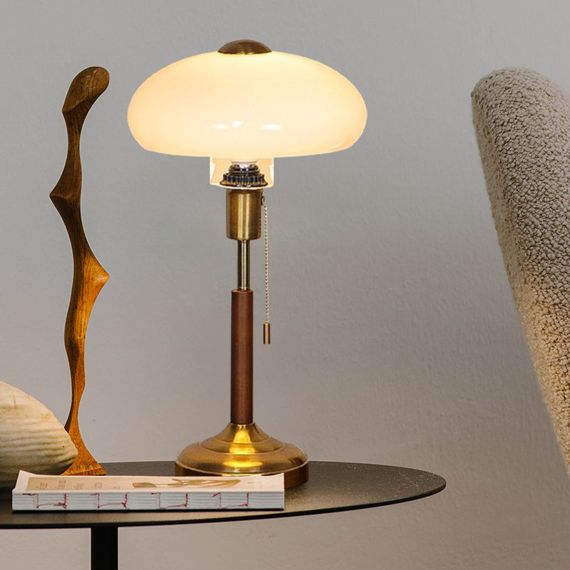 Luxe French Oval Mushroom Opal Glass Brass Table Lamp With Solid Wood For Bedroom 1