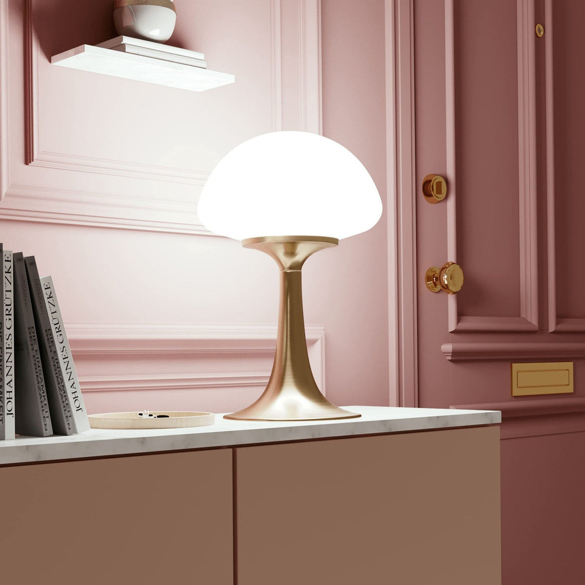 Mushroom Glass Bedside Lamp – Vintage Brass Base & Adjustable Brightness