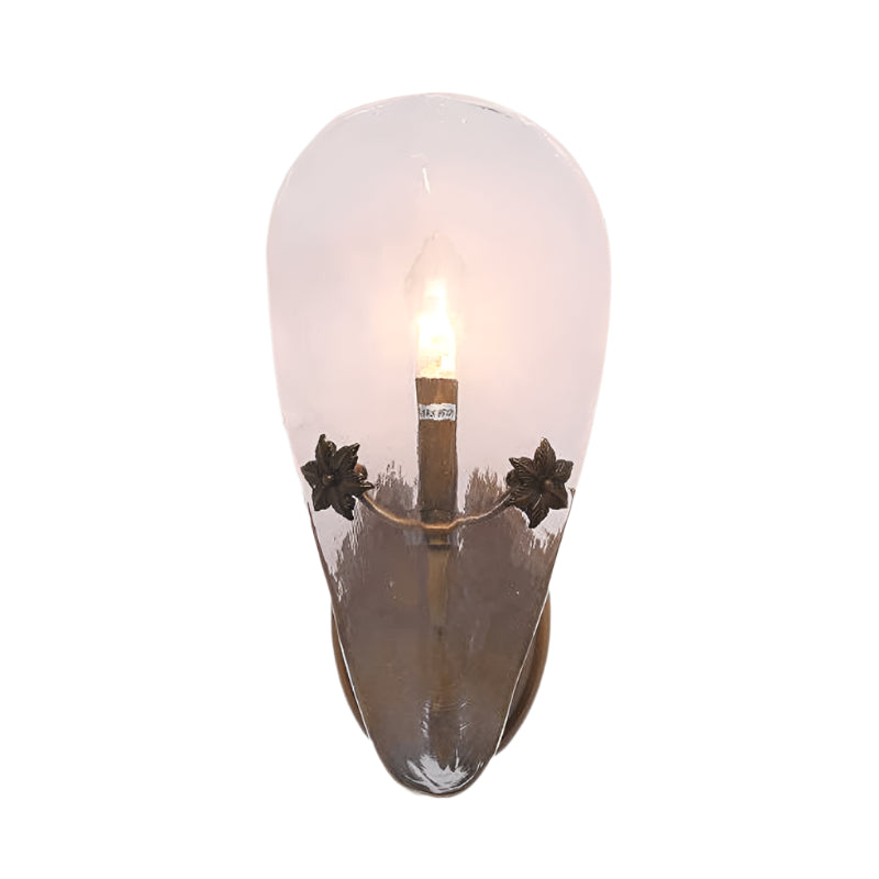 Nostalgic Copper Leaf Shape Frosted Glass Wall Lamp With Pastoral Flowers Embellishmen