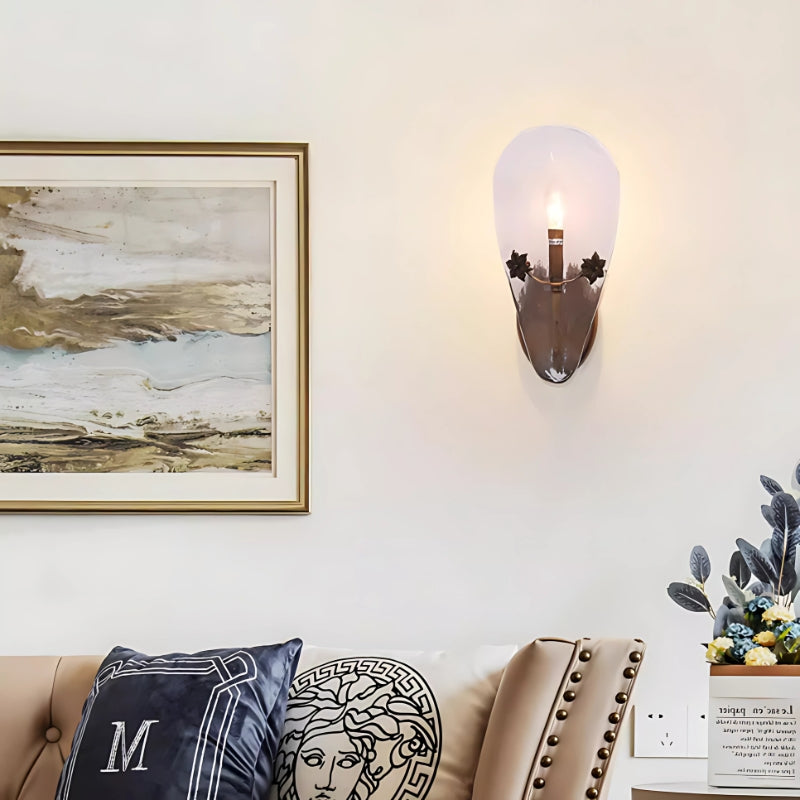 Nostalgic Copper Leaf Shape Frosted Glass Wall Lamp With Pastoral Flowers Embellishmen 5
