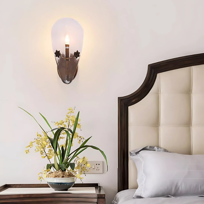 Nostalgic Copper Leaf Shape Frosted Glass Wall Lamp With Pastoral Flowers Embellishmen 4