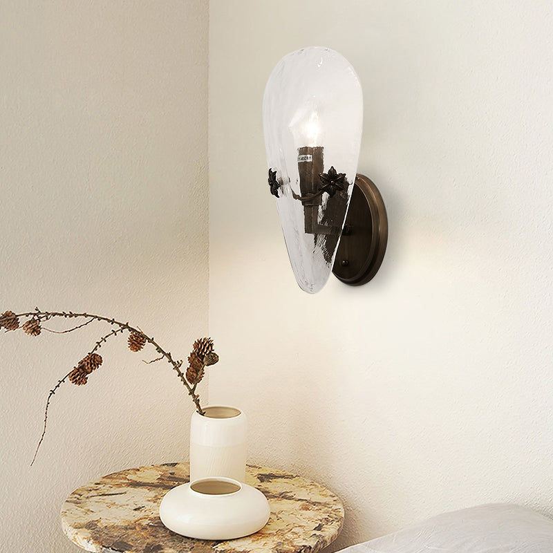 Nostalgic Copper Leaf Shape Frosted Glass Wall Lamp With Pastoral Flowers Embellishmen 3