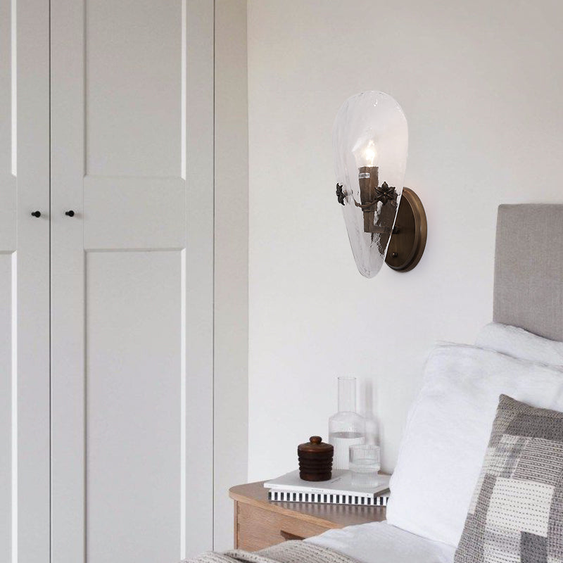 Nostalgic Copper Leaf Shape Frosted Glass Wall Lamp With Pastoral Flowers Embellishmen 1