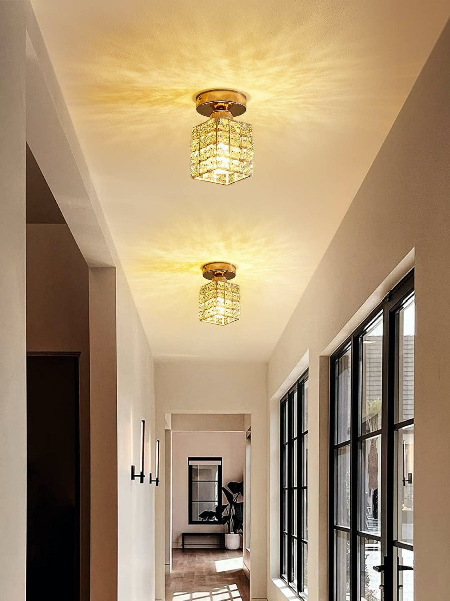 Silver Semi Flush Crystal Ceiling Light - Modern Drum Prismatic Light