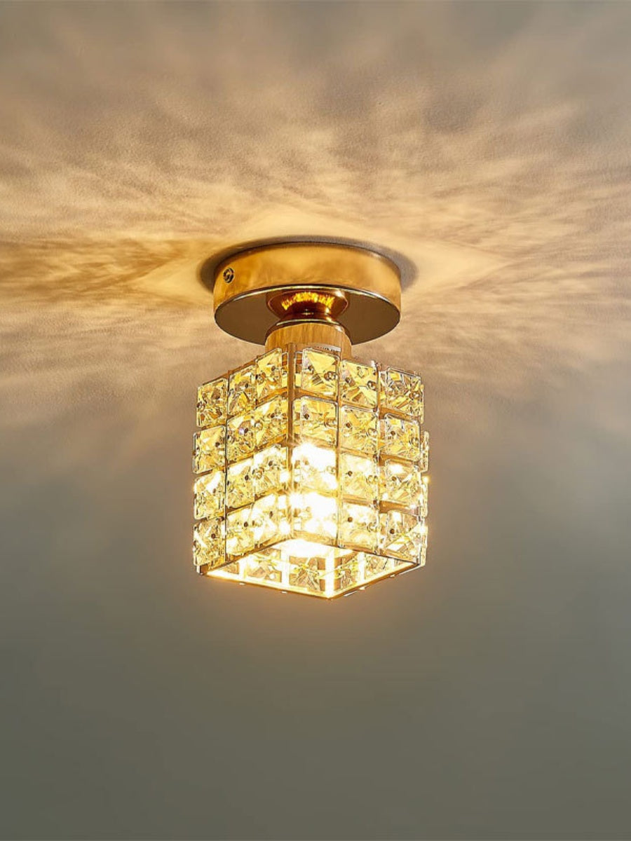 Silver Semi Flush Crystal Ceiling Light - Modern Drum Prismatic Light