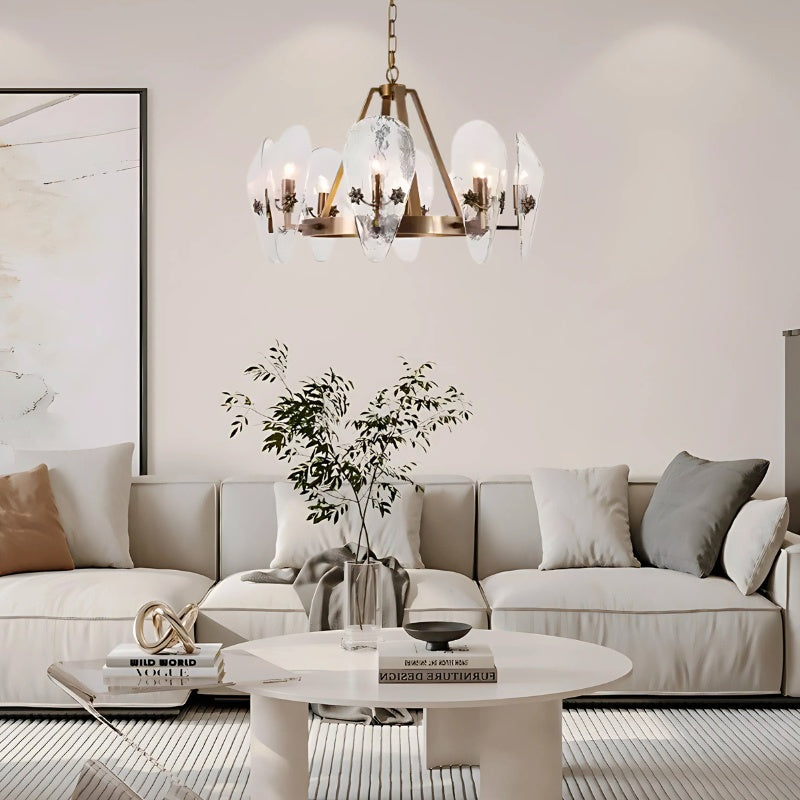 Opulent Shell Fluted Glass Chandelier With Delicate Decorative Copper Flower For Foyer 6