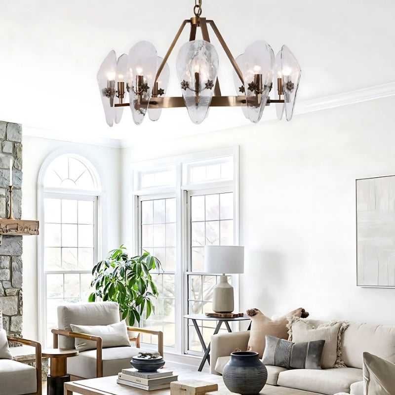 Opulent Shell Fluted Glass Chandelier With Delicate Decorative Copper Flower For Foyer 6