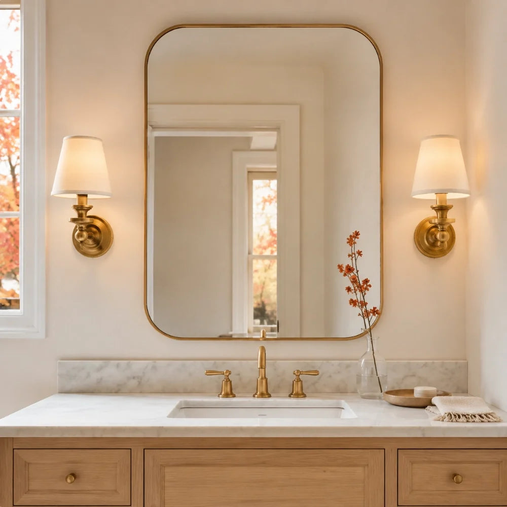 Pair of Kalvora wall sconces above a bathroom vanity