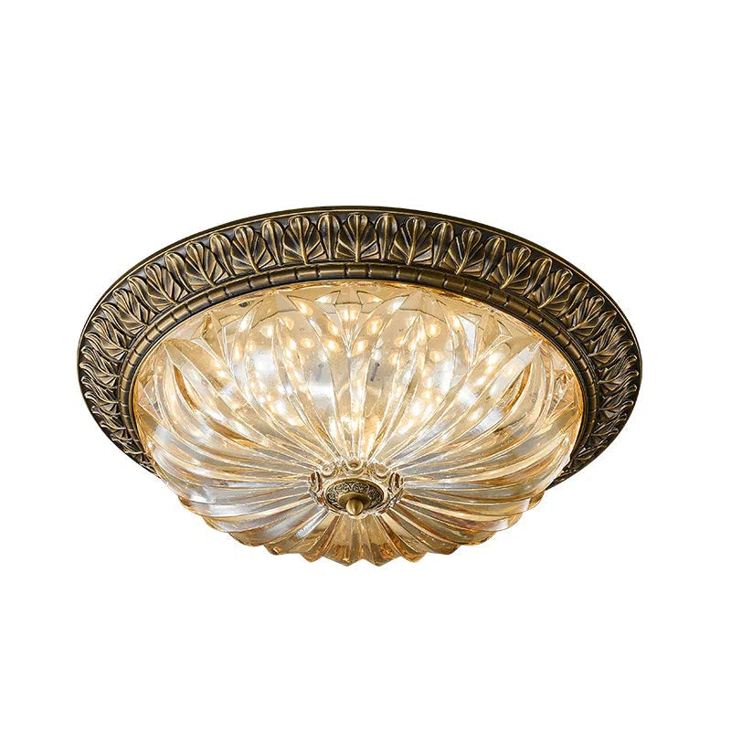 Round Luxe Vintage Ceiling Light With Textured Brass Carved Glass Engaging For Living Room 3