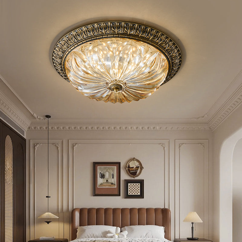 Round Luxe Vintage Ceiling Light With Textured Brass Carved Glass Engaging For Living Room 8