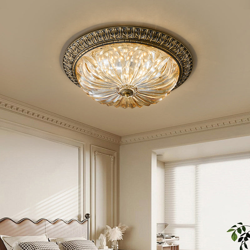 Round Luxe Vintage Ceiling Light With Textured Brass Carved Glass Engaging For Living Room 7