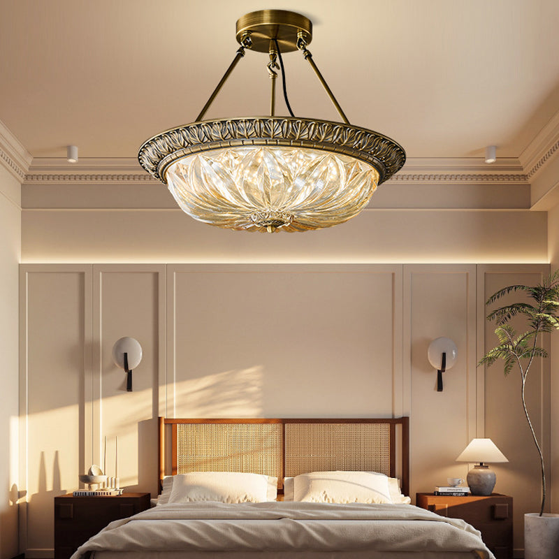 Round Luxe Vintage Ceiling Light With Textured Brass Carved Glass Engaging For Living Room 5