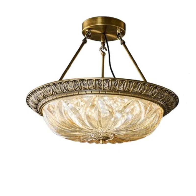 Round Luxe Vintage Ceiling Light With Textured Brass Carved Glass Engaging For Living Room