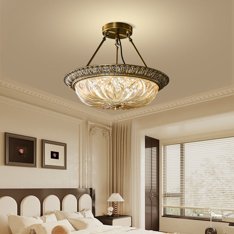 Round Luxe Vintage Ceiling Light With Textured Brass Carved Glass Engaging For Living Room 6