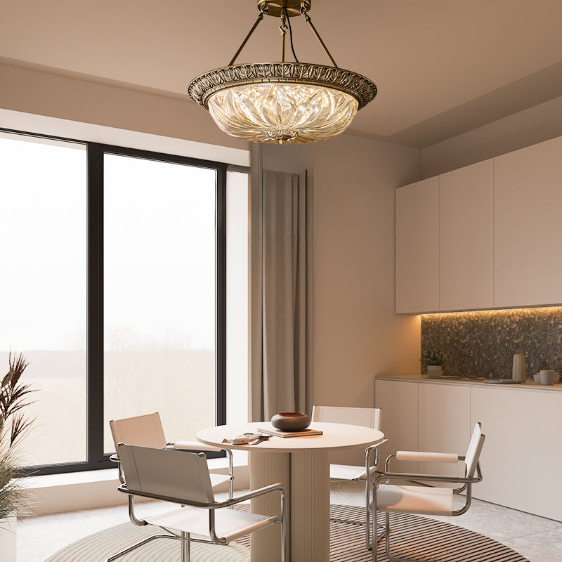 Round Luxe Vintage Ceiling Light With Textured Brass Carved Glass Engaging For Living Room 4