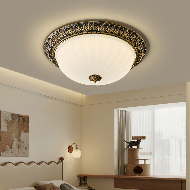 Vintage Textured Sculptural Copper Ceiling Light With Dreamlike Hemispherical Opal Glass 7